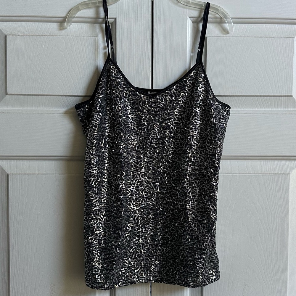 Express Gray Cami/Tank, Silver Sequins on Front & Back, Adjustable Straps, Sz M